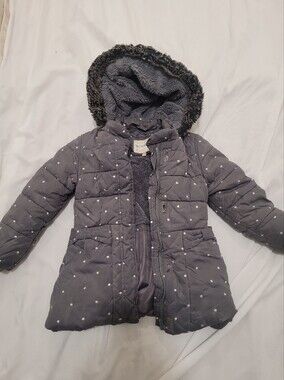 Girls' Gray Dot Quilted Puffer Coat with Faux-Fur Hood